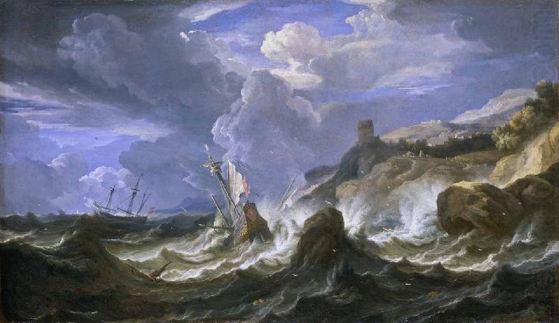 A ship wrecked in a storm off a rocky coast, Pieter Meulener